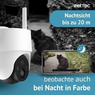 PETTEC камера для тварин Free'n 360: Wi-Fi 2.4ГГц, акумулятор, панорамне обертання, без підписки, зовнішня камера 3MP, детекція руху, нічне бачення 20м, IP65, прожектор і сирена