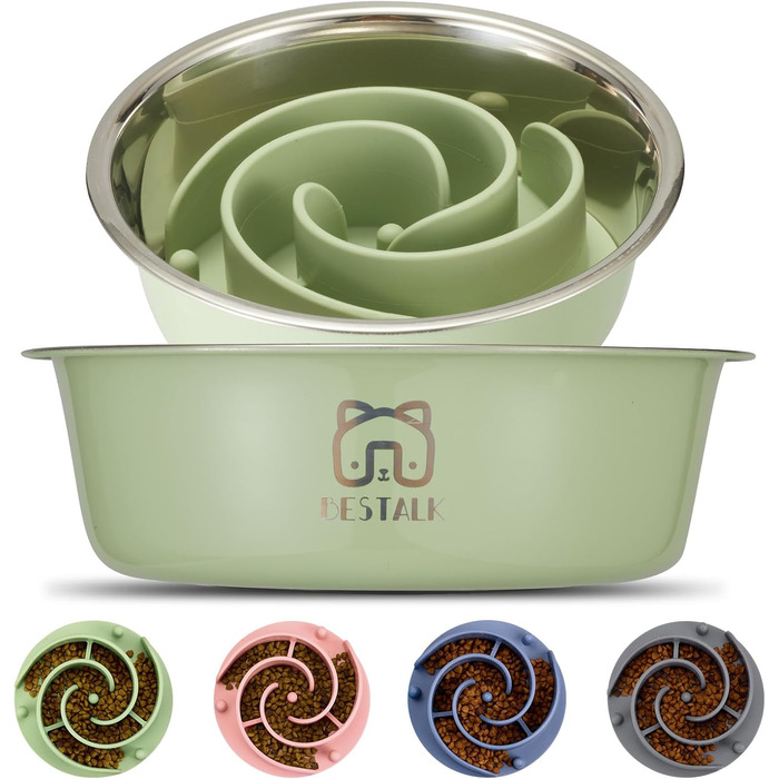Миска для собак 2 в 1 Slow Feeder, нержавіюча сталь Bestalk, з вставкою Slow Feeder з силікону, 304, миска для води та їжі з антиковзним дном, для маленьких, середніх та великих собак (5 чашок, зелена)