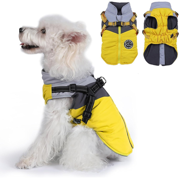 Водонепроникний зимовий одяг для собак Savlot: тепла куртка та вітрозахисний костюм для маленьких та середніх собак з шлейкою. Відображаючий дизайн (L, жовтий + сірий)