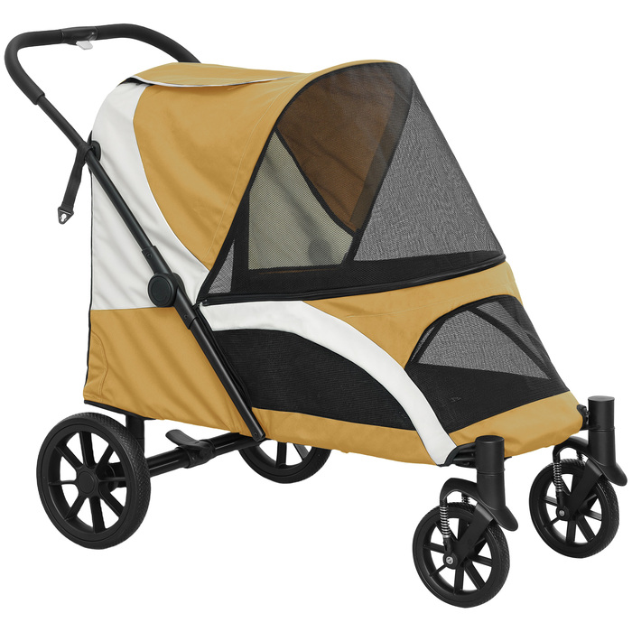 Складаний візок для собак середніх порід, собачий buggy на 4 колесах із безпековим повідцем та гальмами, коричневий