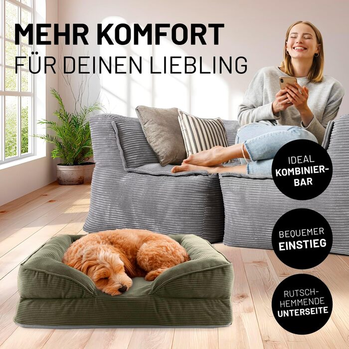 Ортопедичне ліжко для собак Lumaland з корду | зручне собаче ліжко-софа 70x60 см - для маленьких собак | неслизьке дно | знімний та миючий чохол | собаче гніздо з Memory Foam Cord - оливковий 70 x 60 см - розмір S