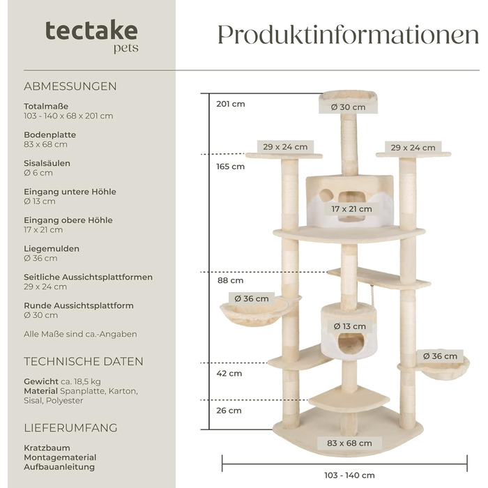 tectake® Велика когтеточка для котів, ігровий комплекс з аксесуарами та іграшками, XXL котячий будинок з 2 котячими домиками, ігрова вежа з сизалевими стовпами, бежево-білий