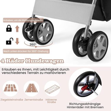 GYMAX Візок для домашніх тварин, складний, для котів/собак до 15 кг, з кошиком, дощовиком та сіткою, для маленьких тварин (сірий)