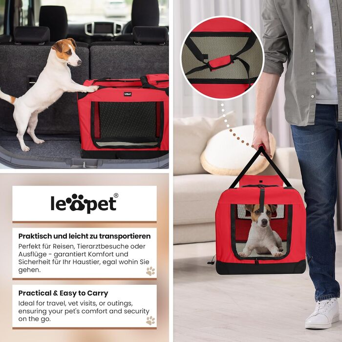 Складаний контейнер Leopet для собак і котів, тканинний, з мискою, для дому та авто, переноска для домашніх тварин, червоний, 60x42x42 см