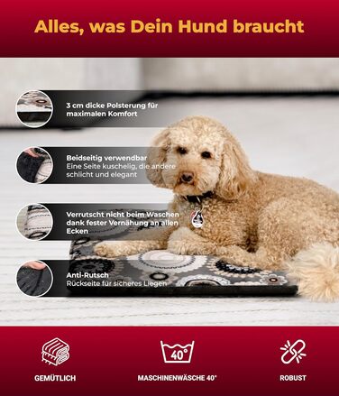 Підстилка для собак HS-Hundebett® XS (45x65 см) – антиковзаюча та зручна, з наповнювачем 3 см – для дивану, авто та переноски – Made in Germany (65 x 95 см, Мандала Антрацит)