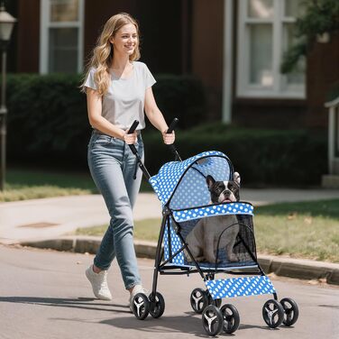 Візок для собак маленьких порід, 4,5-10 кг, візок для цуценят, візок для середніх собак, візок для котів, візок для 2 котів, з багажником, леопардовий принт (блакитний/у крапку)