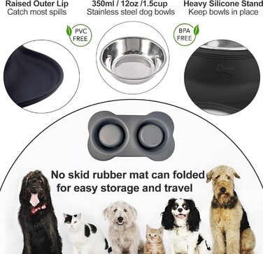 Набори мисок для собак CEASELESLY з нержавіючої сталі (2 x 400 мл) з підставкою з силікону, чорного кольору. Підходять для собак середніх та малих порід, кошенят та цуценят.