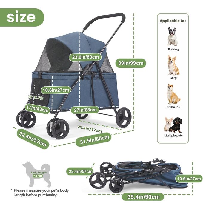Візок для собак Wedyvko: велика місткість, для собак середніх порід, з дозатором та пакетами для екскрементів, кишеня для зберігання, без блискавки, зручний вхід/вихід, універсальний візок для котів та дітей Navy Blue