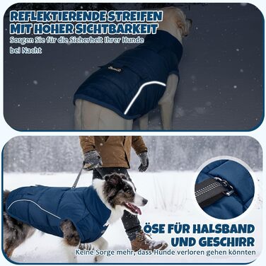Зимовий одяг для собак LowTon Hund: тепла куртка з флісовою підкладкою, світловідбиваючими смугами та кишенями, водовідштовхуюча, для маленьких та середніх собак (темно-синій, XXL)