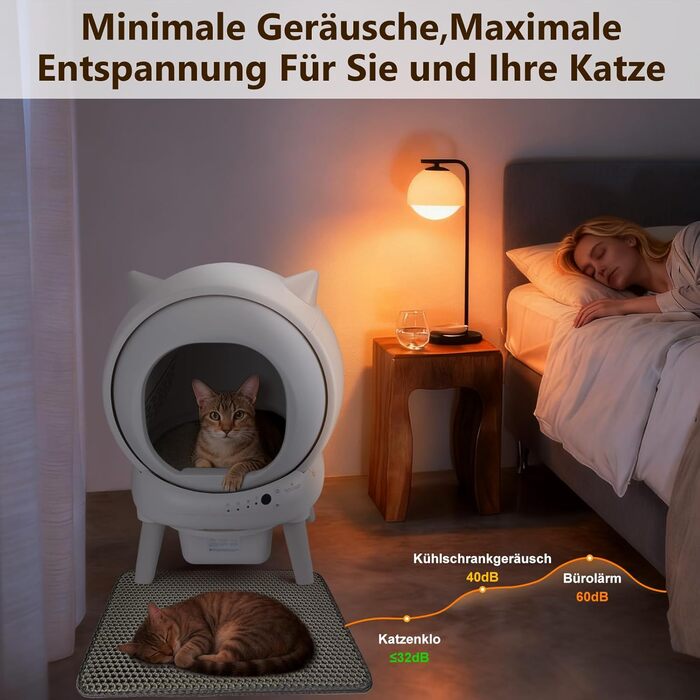 Автоматичний лоток для котів Katzenklo Selbstreinigend 73L з додатком, датчиками безпеки, захистом від запаху та моніторингом здоров'я. Підходить для кількох котів. Коврик для котячого туалету в комплекті. Колір: сірий.