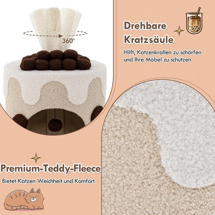 Кігтеточка GYMAX для котів, кігтеточна колона у формі молочного коктейлю, з будиночком та іграшками, 37x37x67 см (колір кава)