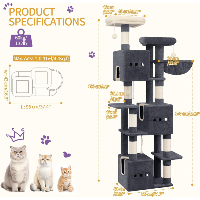 Великий котячий будиночок-кліматизатор, 193 см, XXL, з 7 стовпчиками для шліфування, 3 будиночками, 2 платформами, 2 плюшевими кульками, корзиною, мотузкою для лазіння, багатоповерховий, MS19218LG (темно-сірий)