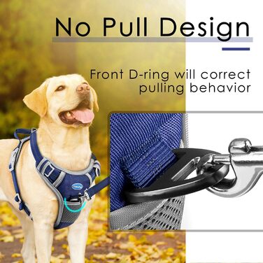 Шлейка для собак ThinkPet проти тяги, дихаюча, з ручкою, світловідбиваюча, регульована, для середніх та великих собак, застібка ззаду/спереду для зручного контролю, L, Темно-синій L (Обхват грудей: 19'-30'), Темно-синій