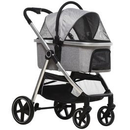 PawHut Dog Buggy 2-в-1 складаний з гальмами та сітчастим вікном, захисні повідці, для собак до 15 кг, світло-сірий