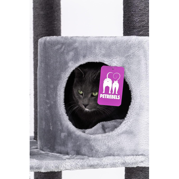 Котячий дряпак Petrebels Charlotte 134 см, преміум-якість, з гамаком, лежаком і будкою, сірий