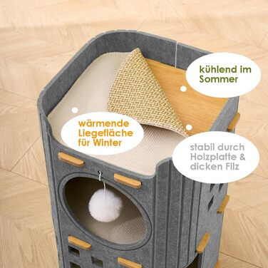 Сучасний котячий комплекс з 4 ярусами та 3 будиночками для котів, сірий. Міцний, з фетру, з іграшкою, 90 см.