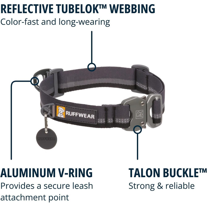 Собачий нашийник RUFFWEAR Top Rope, середній розмір, міцний і зручний, для прогулянок, базальтово-сірий, M (36–51 см)