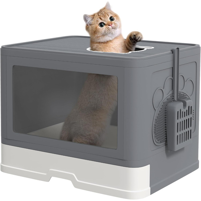 Туалет для кішок з кришкою PawHut, з лопаткою, пластиковий, для котів до 4 кг, сірий, для дому, 48,5x38x36,5 см