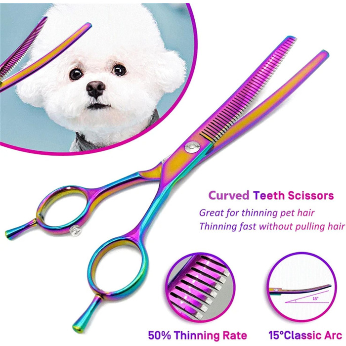 Професійна витончена ножиця для грумінгу собак 7 дюймів, з японської сталі 440C, фіолетового кольору. Зменшує товщину шерсті на 30-60%.