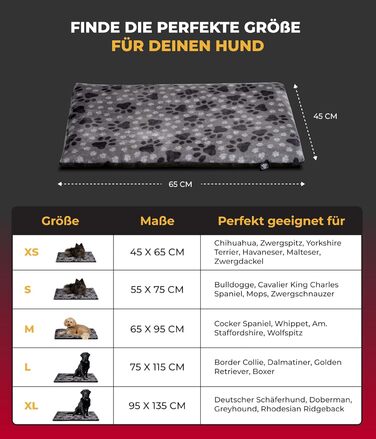 Килимок для собак HS-Hundebett® XS (45x65 см) – неслизький та затишний з наповнювачем 3 см – ідеально для дивану, авто та переноски – лапка сірого кольору, Made in DE 45 x 65 см, лапка сірого кольору