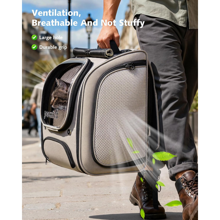Пекют Рюкзак-переноска для кота з віконцем-бульбашкою, великий (32x26x42 см, хакі)