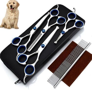 Набір професійних ножиць для собак та котів: ножиці з нержавіючої сталі, ножиці для фінальної обробки, прямі та вигнуті ножиці, гребінець для грумінгу