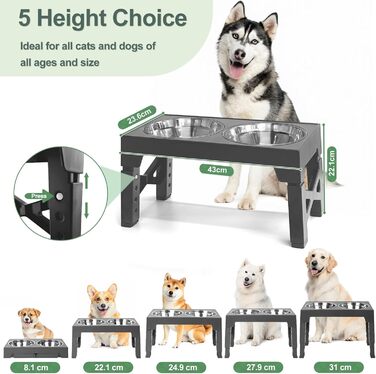 Підвищена годівниця для собак з регулюванням висоти (8-31 см), 2 миски з нержавіючої сталі та 1 миска для повільного годування, антиковзаюча, BPA-free пластик (сіра)