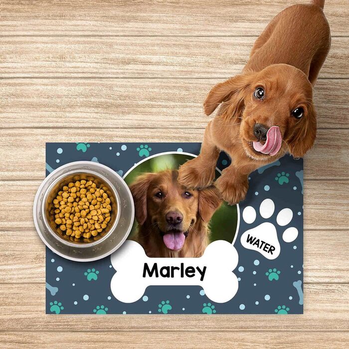 Підкладка під миску з іменем для домашніх тварин | Килимок для собак та котів | 45 x 75 см | Гумова підкладка 4 мм | Мотив домашнього улюбленця | Eat Sleep Walkies