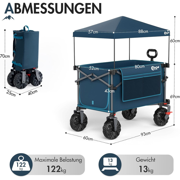 Портал візок-валіза складна модель 350л, 122кг, з дахом, широкі колеса, тримач для напоїв, блакитний