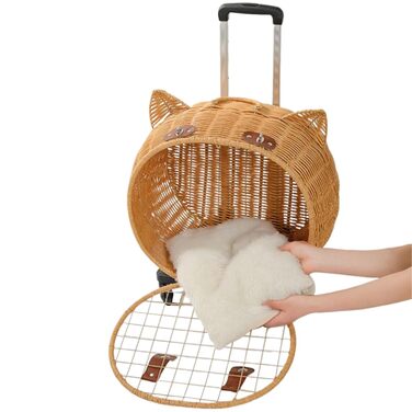 Вінтажна візок для собак та котів з ротангу | Візок для маленьких собак та котів з колесами, телескопічною ручкою | Для прогулянок, подорожей