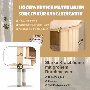 Багатоповерховий котячий комплекс COSTWAY з дерева, 191 см: кігтеточка, гамак, будиночок, кошик, стовпчики з сизалю, активний ігровий комплекс для котів, бежевий, 6 поверхів