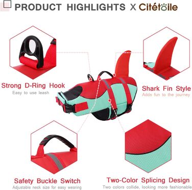 Спасальний жилет для собак у вигляді акули, XL (2XL), червоно-зелений. Безпечний та легкий жилет для водних розваг з ручкою та світловідбиваючими елементами для собак маленьких, середніх та великих порід.