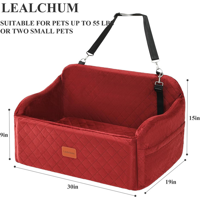 Автокрісло для собак великих порід, м'яка тканина, Memory Foam, 2 страхувальні ремені, червоний колір, великий розмір