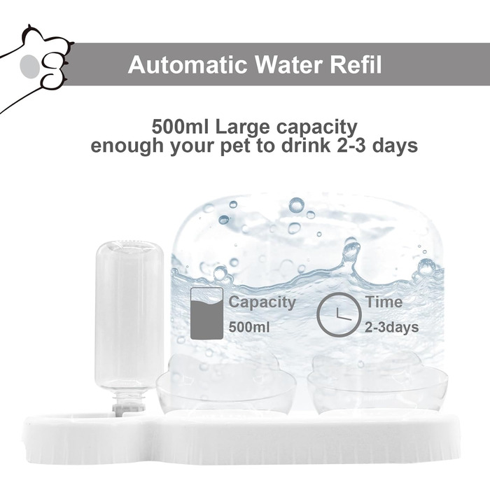 Набір мисок для котів та собак 2 в 1 з диспенсером для води, ковзаючою підкладкою та лопаткою. Нахил 15°, миски для сухого та вологого корму, білий колір