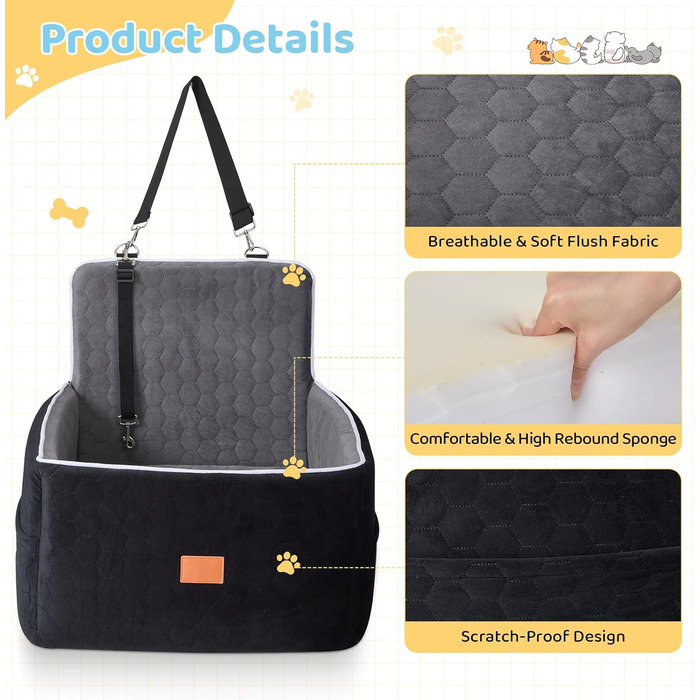 Автомобільний лежак для собак середніх та маленьких порід (до 13.6 кг), 52x52x50 см, з м'якою піною Memory Foam та кріпленням для безпеки