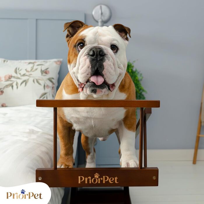 Сходинки для собак PRIORPET з берези з захисним бар'єром - регульована висота до 94.5 см - складаються - антиковзке покриття - для собак до 23 кг - колір: горіх