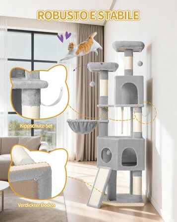 Кігтеточка для котів Hzuaneri, 174 см, XL, 2 платформи, 2 печери, 4 стовпчики, дошка для шліфування кігтів, мотузка з сизалю, плюшеві кульки, сірий колір, для кількох котів MS17418LG