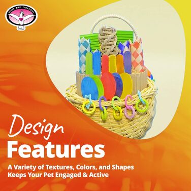 Super Bird Creations SB669 Плетений кошик для папуг середнього розміру, іграшка для кільчастих, конур, квакерів, кайків, піонусів, сенегалів, різнокольорова з хрусткими текстурами, 25,4 x 10,2 x 12,7 см