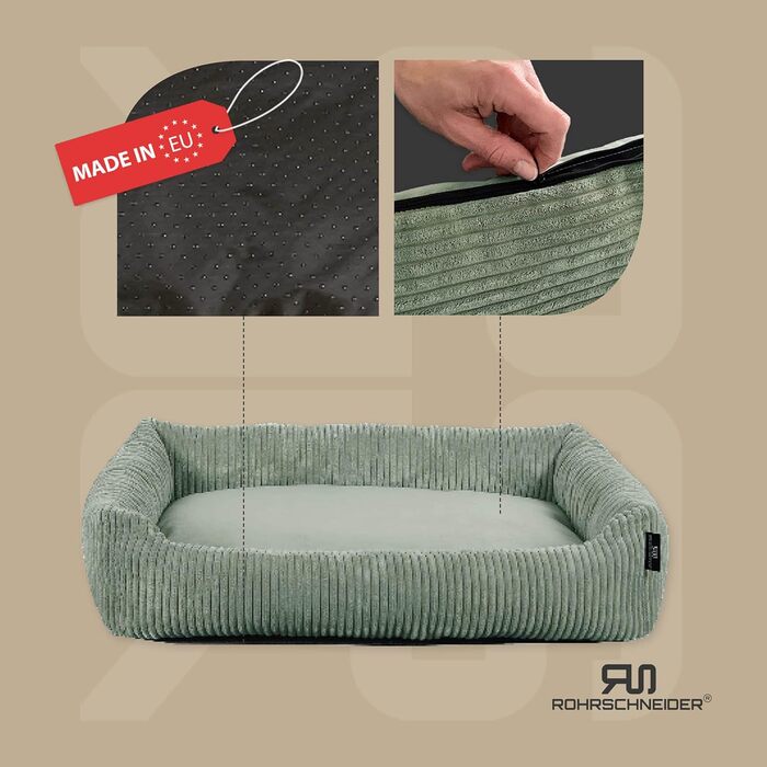 Лежанка для собак Rohrschneider | Миюча лежанка для собак | для маленьких та середніх собак | з подушкою Cord | 2 розміри (55x42 см / 70x50 см) | з пакетиками для вигулу (Salbei, Cordstoff breit)