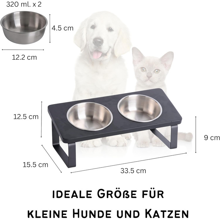 Підвищена годівниця для котів, ергономічна миска для котів, годівниця з кераміки та дерева, піднята годівниця для котів та маленьких собак (Noir - нержавіюча сталь)