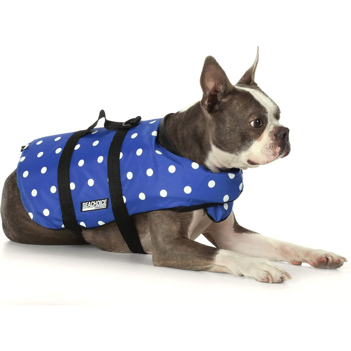 Жилет рятувальний для собак Seachoice 86260, розмір XXS (до 2,7 кг), блакитний у горошок, з ручкою
