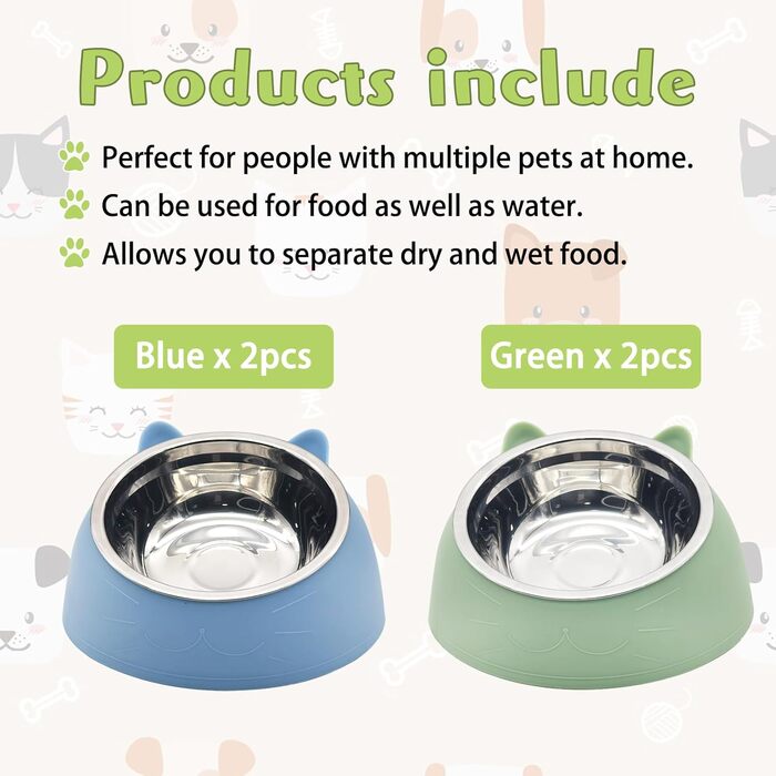Набори мисок для котів Hamiledyi: 4 шт., нахил 15°, нержавіюча сталь, анти-блювотна, без витоку, для кошенят, дорослих котів та кроликів (чорний + білий, чорний/білий (синій/зелений), 200 мл)