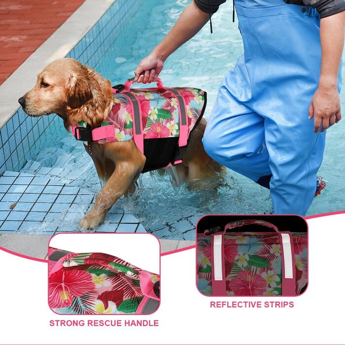 Жилет для плавання собак Doglay, світловідбиваючий, регульований, для малих, середніх та великих собак (Large, Рожевий з квіткою, 1)