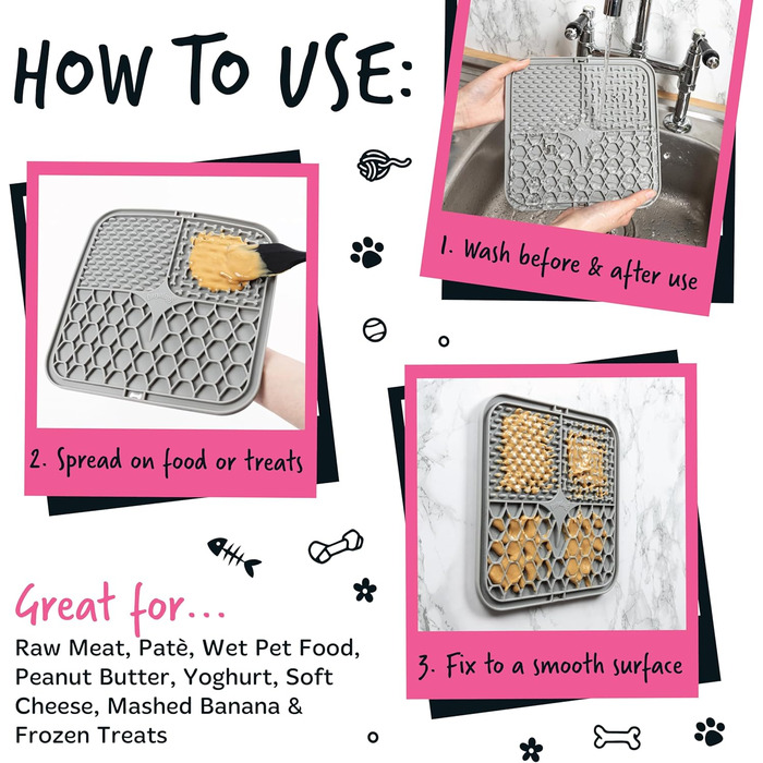 Килимок для лизання для собак та котів Bugalugs, 20 см, сірий, харчовий BPA-free