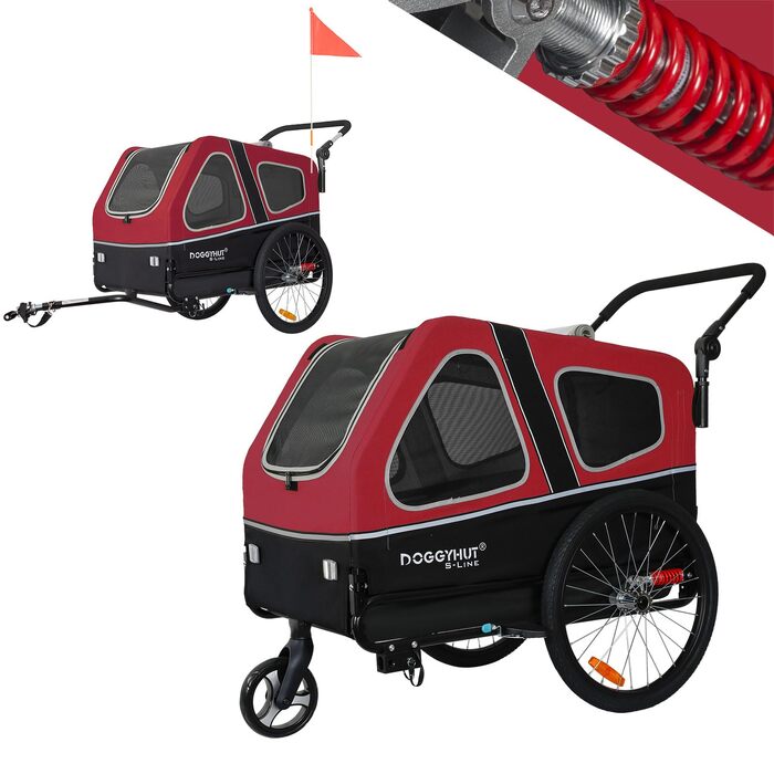Універсальний причіп та візок для собак Doggyhut S-Line XL 2 в 1 з амортизацією, до 45 кг (Червоний/Чорний)