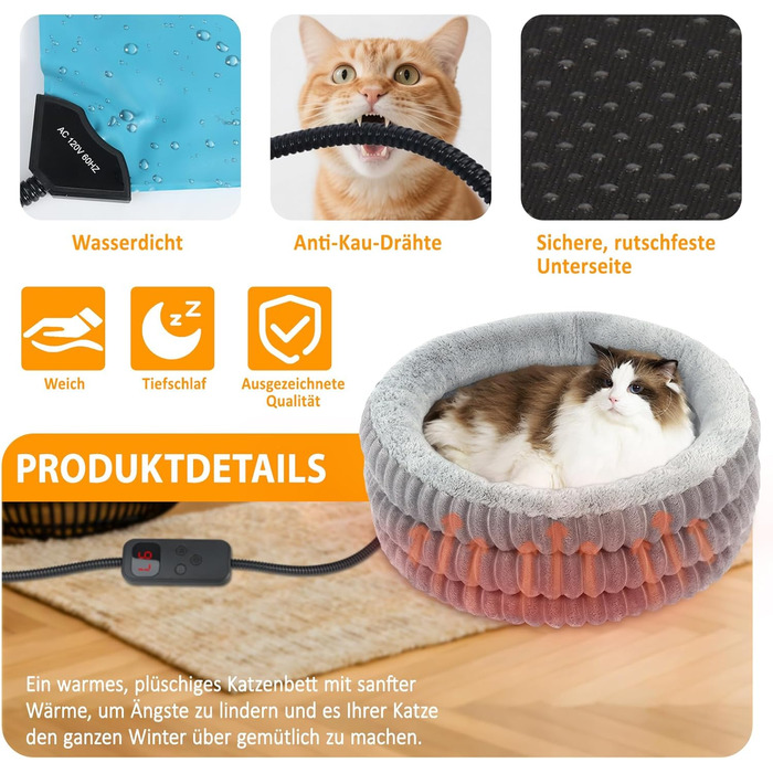 Обігрівальне ліжко для котів круглої форми - затишне ліжко з підігрівом для глибокого сну - для котів та собак - зручне електричне термоліжко з регульованою подушкою - можна прати