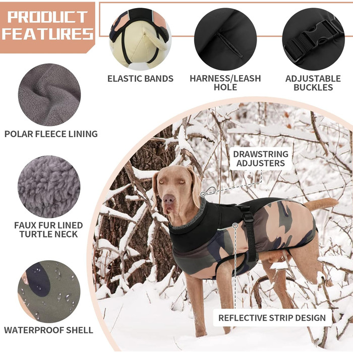 Водонепроникний зимовий теплий одяг для собак - куртка для маленьких, середніх та великих собак. Теплий одяг для собак з безпечними світловідбиваючими смугами для Лабрадорів, Чихуахуа, Французьких бульдогів. Зелений камуфляж