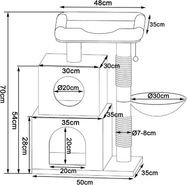 Кігтеточка для котів Lionto з м'ячиком та дзвіночком, висота 70 см, з сизалю та плюшу, зручна лежанка та печери, підходить для маленьких та великих котів, сірого кольору