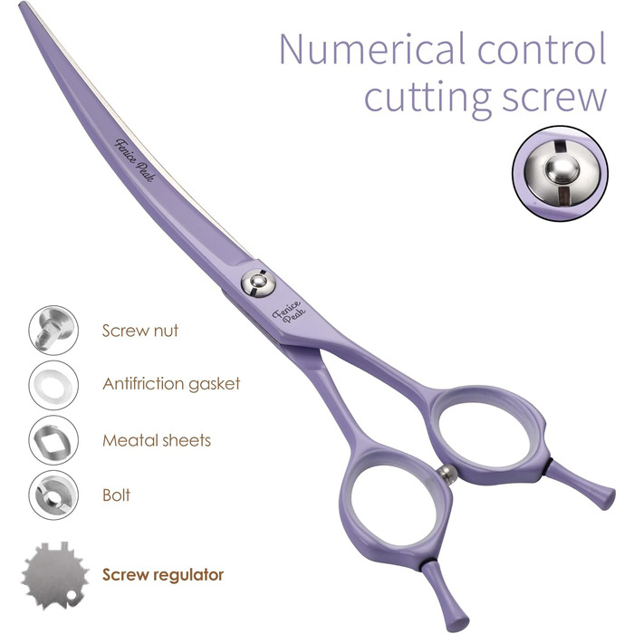 Феніче Пік: Вигнуті ножиці для грумінгу собак з фіолетовим покриттям, 440C сталь, професійні ножиці, гострі та довговічні, зручний ергономічний дизайн