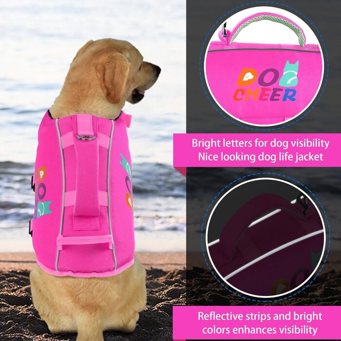 Жилет для плавання собак Dogcheer з подвійним рятувальним ручним захопленням, високою плавучістю, для човнів, плавання, з світловідбиваючими елементами, регульований, PFD для маленьких, середніх собак, рожевий